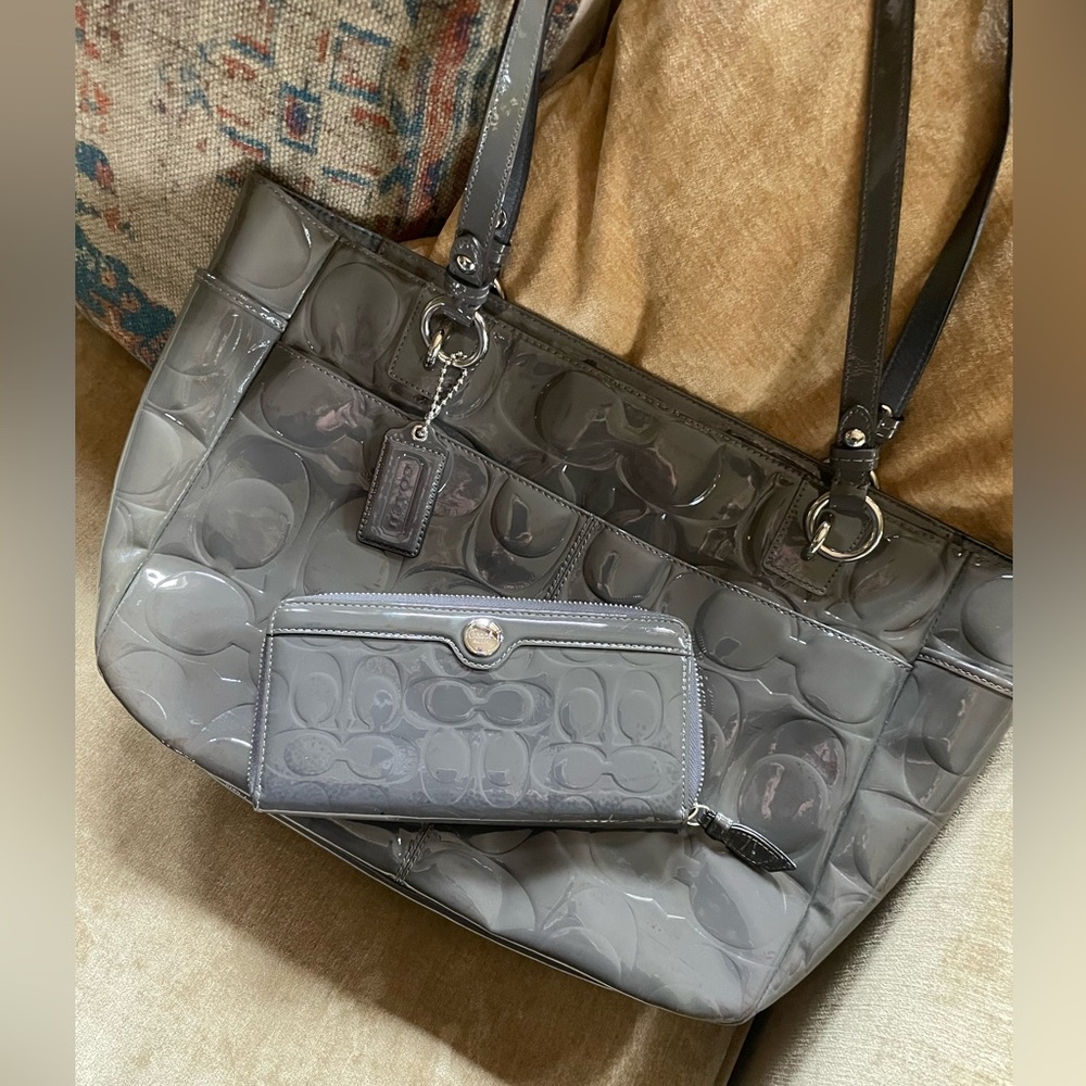 Coach grey patent leather wallet and tote
